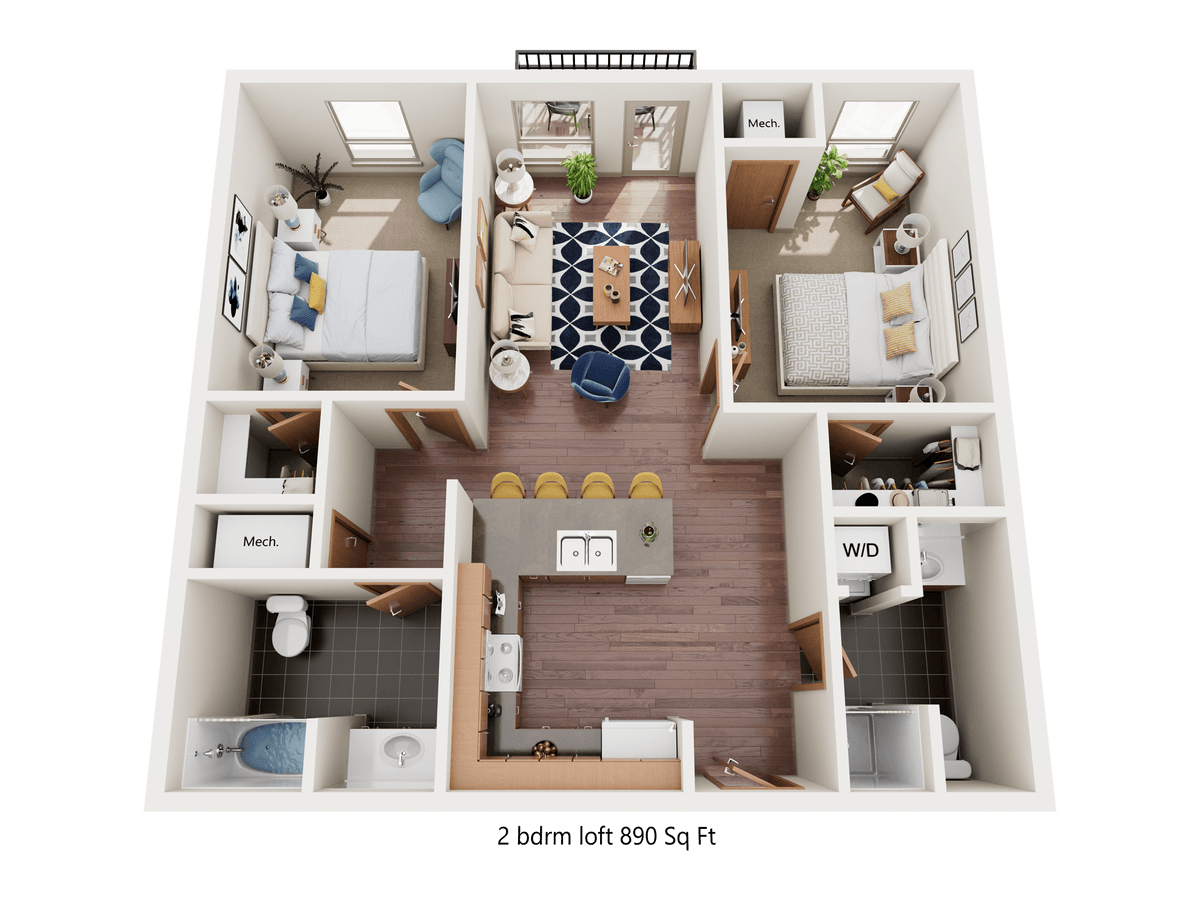 Floor plan for 2 beds, 1 bath, 890 sqft